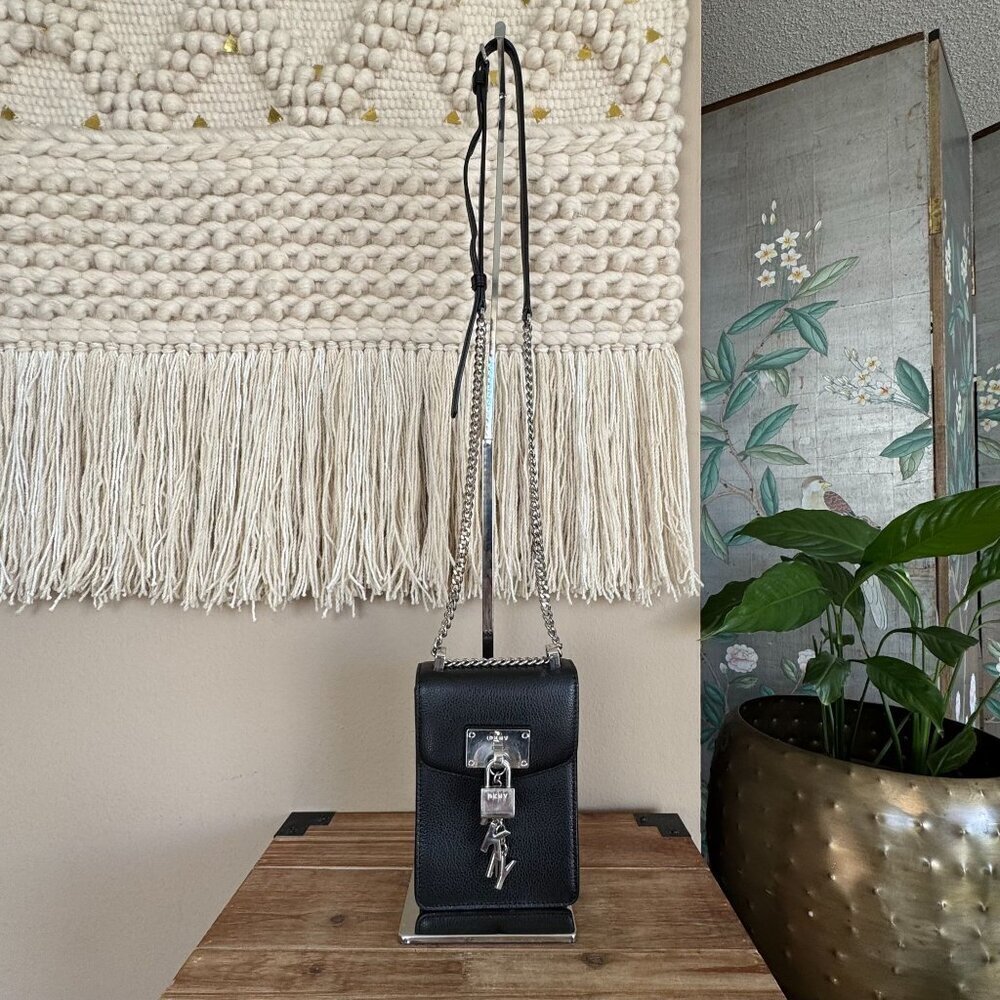 DKNY Elissa Black Pebbled Leather Silver Lock Charm Chain Crossbody Phone  Bag